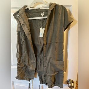 Green long vest, lightweight with hood. Size small, could also fit a medium